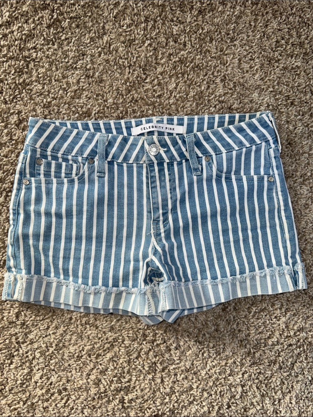 Celebrity Pink Blue & White Vertical Stripe Denim Cutoff Shorts